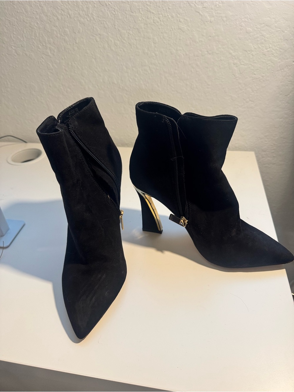 Jennifer Lopez Black Suede Pointed Ankle Boots with Gold Accent Heel